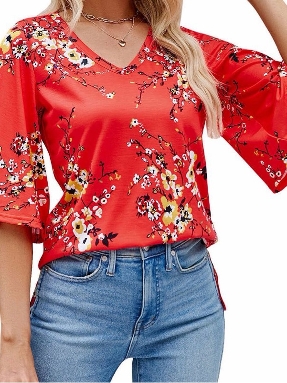 Kohl's Red Floral V-Neck Bell Sleeve Blouse